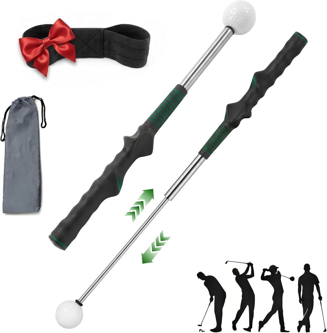 Retractable Golf Swing Trainer Aid with Grip Arm Band for Right -Handed Golfers, Grip Tempo Trainer, Click Feedback, Arm Correction Training Aid for Indoor Outdoor, Golf Practice Stick for Men