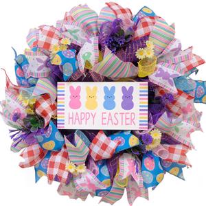 TEMPUS 22" Happy Easter Wreath for Front Door - Colorful Mesh Ribbon Door Hanger with Wooden Sign & Yellow Daisies - Vibrant Spring Porch Decor (Multicolor)