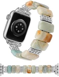 Moolia Natural Stone Bracelet Compatible with Apple Watch Band 38/40/41/(42mm-S11/S10)  Women, Handmade Elastic Loop Beaded Western Vintage Strap, Amazonite, S: 5.4-5.6