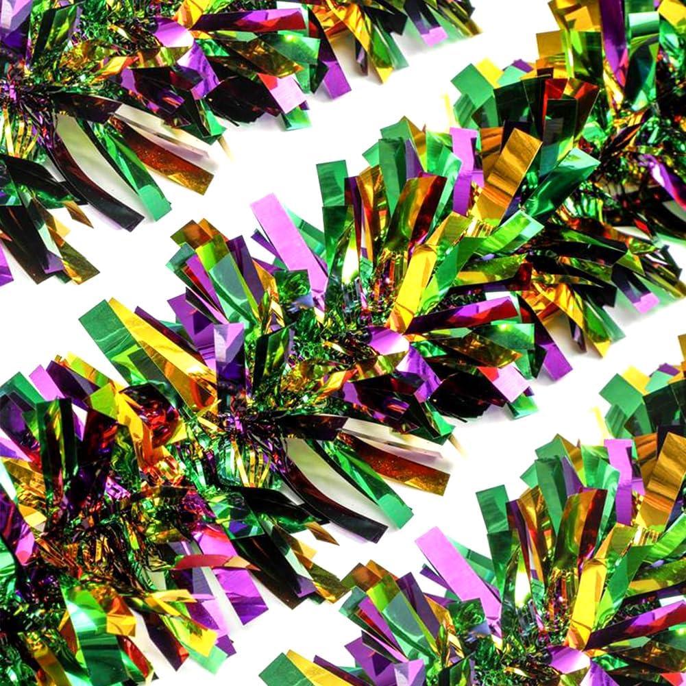 33Ft Christmas Tinsel Garland, Gold Green Purple Metallic Twist Foil Tinsel Garland Hanging Decor for Christmas Tree Birthday Kwanzaa Party Indoor Outdoor Party Supplies - Gold Green Purple