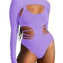 Kisscynest Women's Sexy Cutout One Piece Swimsuit Monokini with Long Sleeve Coverup Shirt Purple L