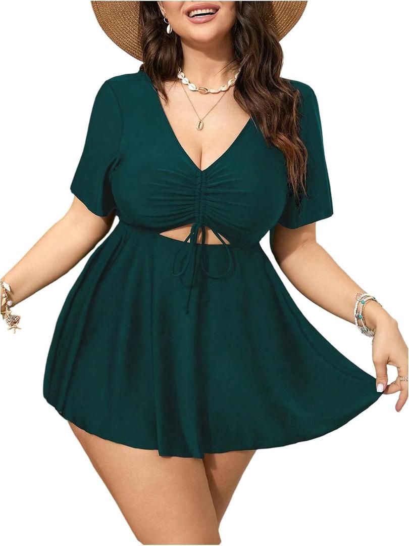 OYOANGLE Women's Plus Size Tankini Sets 2 Piece Drawstring V Neck Short Sleeve Swim Dress Bathing Suits (Green, XL)