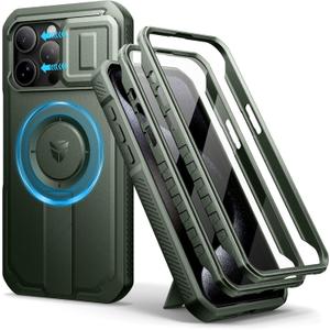 Dexnor for iPhone 15 Pro Max Case with Slide Camera Cover & Adjustable Kickstand & Built-in Screen Protector, Magnetic Rugged Shockproof Bumper Cases Heavy-Duty Magnetic Protective Cover,Army Green