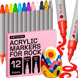 ARTISTRO 12 Rock Acrylic Paint Markers - Rock Painting Kit for Arts & Crafts - Dual Tip Acrylic Paint Pens
