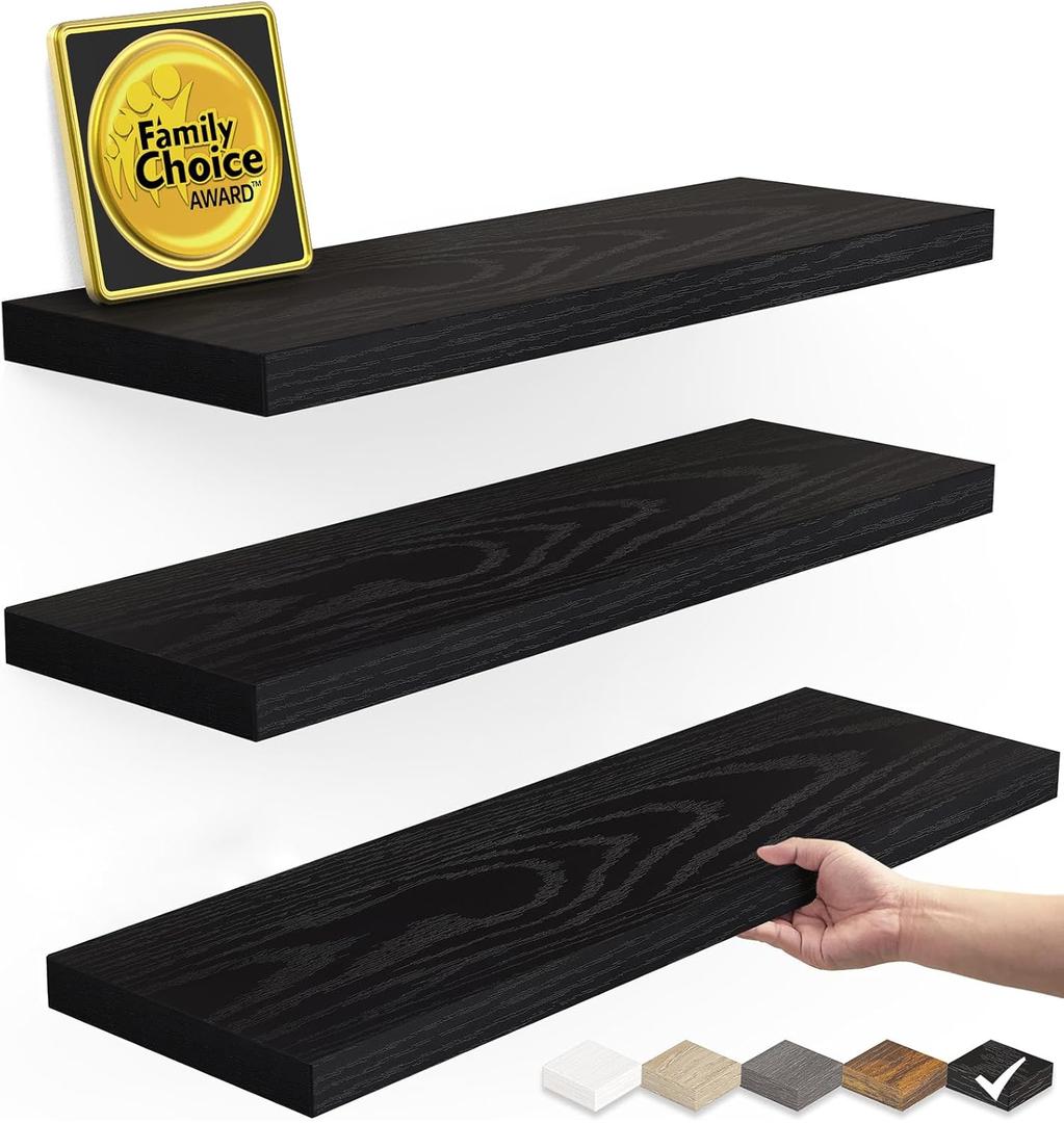 BAYKA Floating Shelves for Wall, Wall Mounted Rustic Wood Shelves for Bathroom, Bedroom, Living Room, Kitchen, Hanging Shelf for Books/Storage/Room Decor with 22lbs Capacity (Black, Set of 3, 15.7in) (15.7inches, Black)