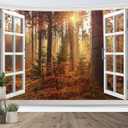 HVEST Fall Forest Tapestry Autumn Maple Tree Misty Forest Window Wall Tapestry for Bedroom Aesthetic Nature Landscape Wall Art Decor for Living Room Dorm, 40L x 60W Inches (Brown)
