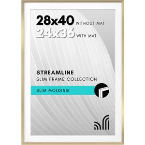 Americanflat 28x40 Poster Frame with Polished Plexiglass - Use as 24x36 Frame with Mat or Display 28x40 Photo Without Mat - Streamline Collection - Thin Border Picture Frames for Wall - Gold