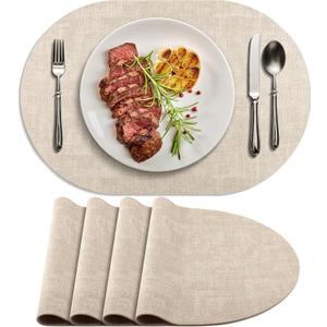 Placemats for Dining Table Set of 4 Non-Slip, Heat Resistant Oval Leather Placemat Double Layer, Waterproof Table Mats Easy to Clean for Kitchen Dining Room Coffee Office Table, Beige