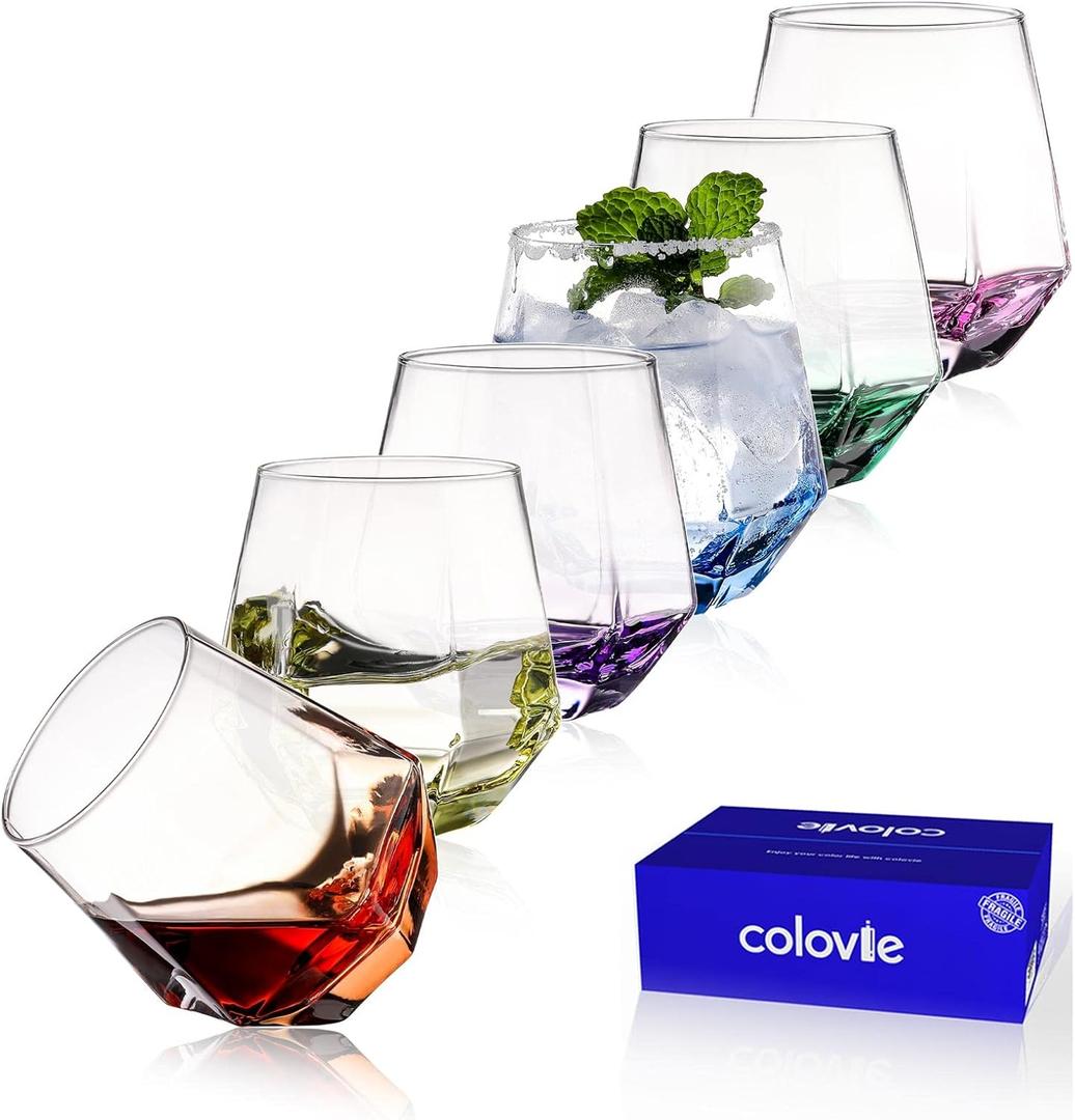 ColoVie Stemless Wine Glasses Set of 6, Cocktail Glasses, Diamond Shaped Wine Glasses for White or Red Wine, Unique Colorful Drinking Glasses,10 oz Easy Hold, Cute, Dishwasher Safe