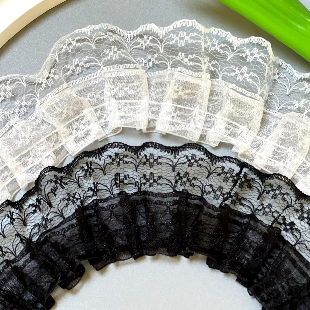 10 Yards Lace Ruffle Trim Vintage Pleated Net Lace Edge Gathered Mesh Trim Ribbon Fabric Embroidered Sewing Ribbon Edging Trimming for Wedding Bridal Dress Cake Card DIY Decor(Black+White)