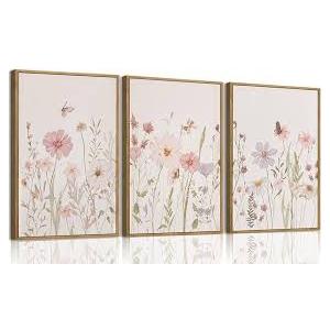 AVECCO Vintage Color Wildflower Canvas 3 Pieces Wall Art, Nature Floral Artwork Wall Decor, Botanical Art Prints for Bedroom Living Room Office Home Decoration Ready to Hang 12x16 Inch Wood Framed