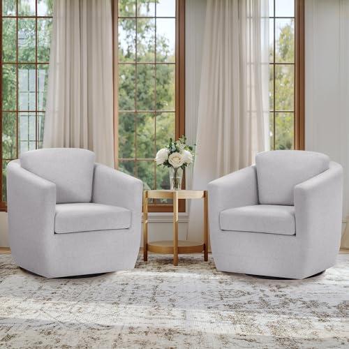 COLAMY Swivel Accent Chair, Round Upholstered Swivel Barrel Armchair Metal Base Fabric Chair Modern No Assembly Sofa Chair for Living Room Bedroom Reading Apartment Nursery, Light Grey