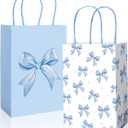 JarThenaAMCS 24Pcs Blue Bow Paper Bags Cute Bow Knot Treat Bag with Handles White Candy Goodie Bags Grocery Shopping Bag for Coquette Birthday Party Favors Supplies