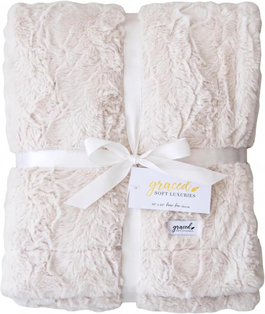 Faux Fur Throw Blanket Soft Ivory L 50x60, Large 50" x 60"