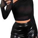 Verdusa Women's Y2k Corset Mesh Top Long Sleeve Crop Tops Asymmetrical Neck Ruched Fitted T Shirts (Black, Small)