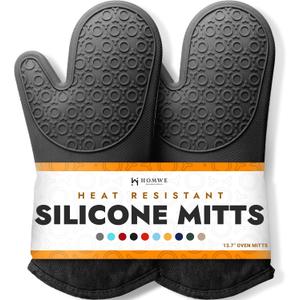 BPA-Free Silicone Oven Mitts Ultra Heat Resistant up to 500F - Oven Mitts with Thick Cotton Liner - Long Slip Resistant Pot Holders, Flexible Oven Gloves - Black 13.7"
