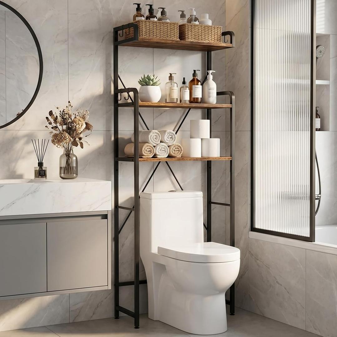 Over The Toilet Storage Cabinet, 3-Tier Bathroom Organizers and Storage with Hooks, Freestanding Shelf Toilet Rack, Small Bathroom Laundry Space Saver with Towel Rack & Toilet Paper Holder(Brown)