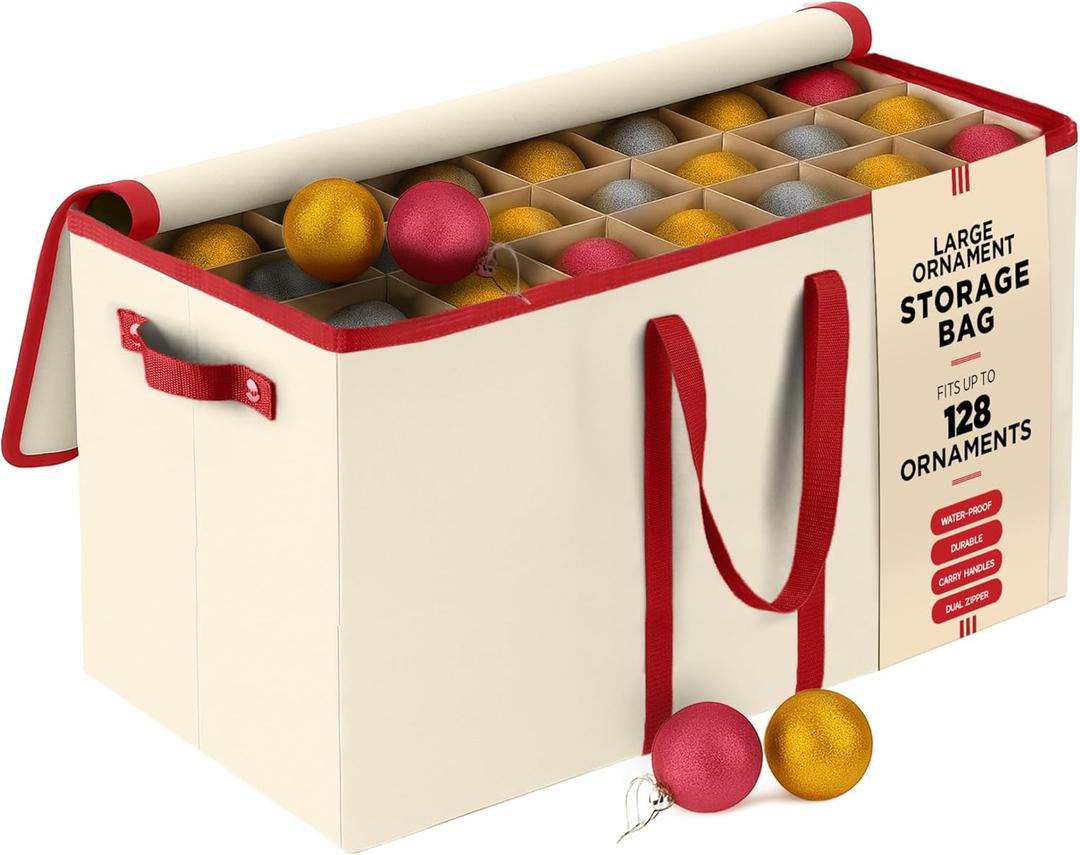 128 Ornament Storage Box, Adjustable Dividers, Stackable Holiday Ornament Organizer with Lid, Durable Fabric Bin for Christmas Decorations, Reinforced Handles, Dustproof & Space-Saving Design (Ivory)