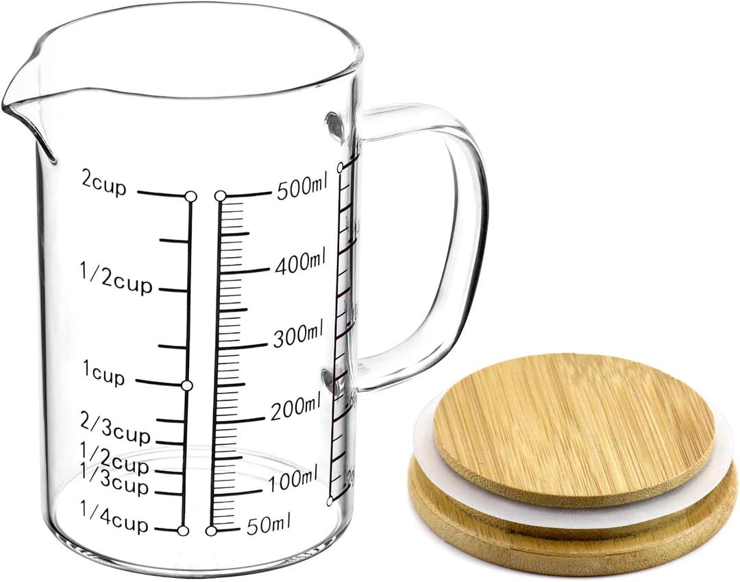 QWORK Glass Measuring Cup, 500ML (18 Oz, 2 Cup), High Borosilicate Glass Scale Cup with Handle and Durable Bamboo Lid, for Kitchen or Restaurant (1 Pack)