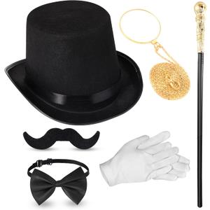 Jadive 6 Pcs 1920s Men Accessories Gentleman Costume Hat Round Head Scepter Magnifying Glass Necklace Bow Tie Gloves Beard (Stylish Style, Gold)