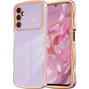 NITITOP Compatible with Samsung Galaxy S23 FE Case Cute Luxury Women Girls Men with Love Heart Electroplated Pattern Curly Wave Frame Raised Camera Shockproof Protection Cover-Lavender Purple