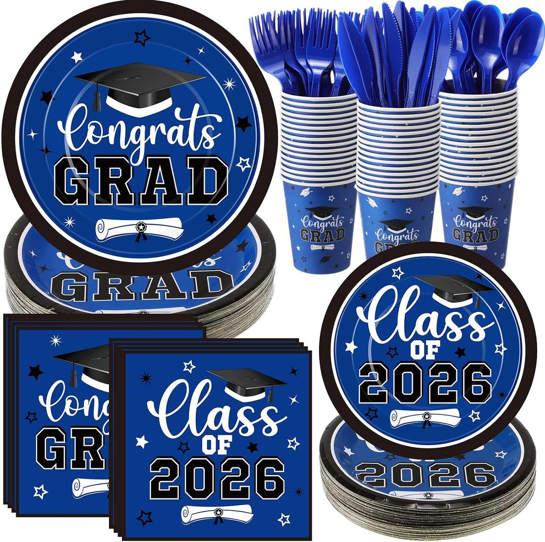 Funnymoom 400 Pcs Graduation Party Supplies Class of 2026 Graduation Paper Plate Napkin Cup Cutlery Congrats Grad Disposable Tableware Set for Grad Party Decorations, Serve 50 (Blue, White)