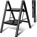 Upgraded 2 Step Ladder, 330 lbs Folding Aluminum Step Stool with Wide Anti-Slip Pedals, Lightweight & Portable Ladder for Kitchen, Closet, Office, Home Use - Black