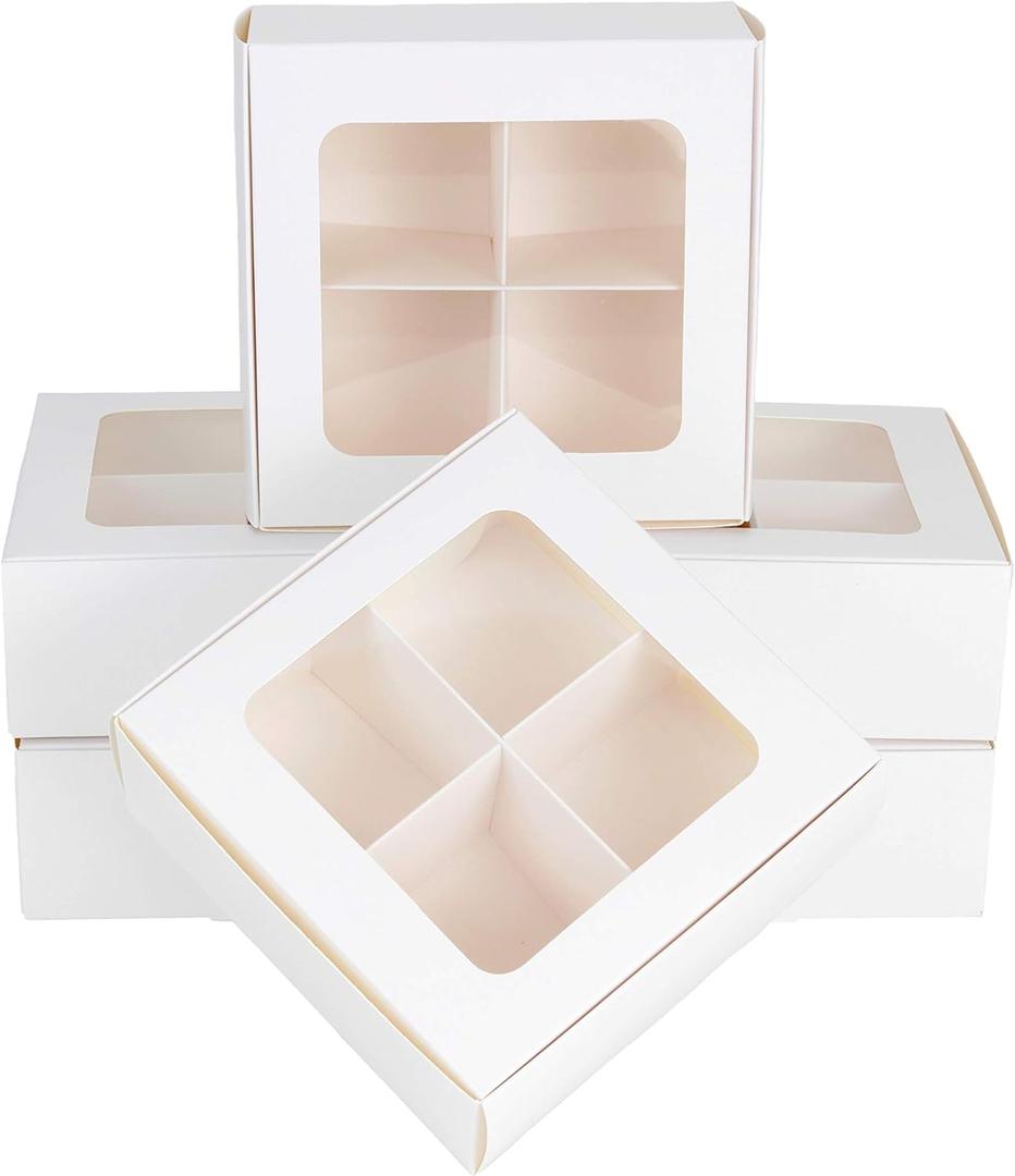 Treat Boxes - 24 ct 6 x 6 x 2.4 in Bakery Boxes with Windows and Dividers for Candy, Cookies, Cupcakes, or Bakery Desserts - Chocolate, Treats, and Baked Goods Packaging for Gifting (Medium - 4 Compartments, White)