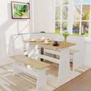 Breakfast Nook Table Set for Kitchen - White Bench Seating for Dining Room with Space Saving Solid Wood L Shaped Corner Dining Table Set Apartment for 4 to 6 People