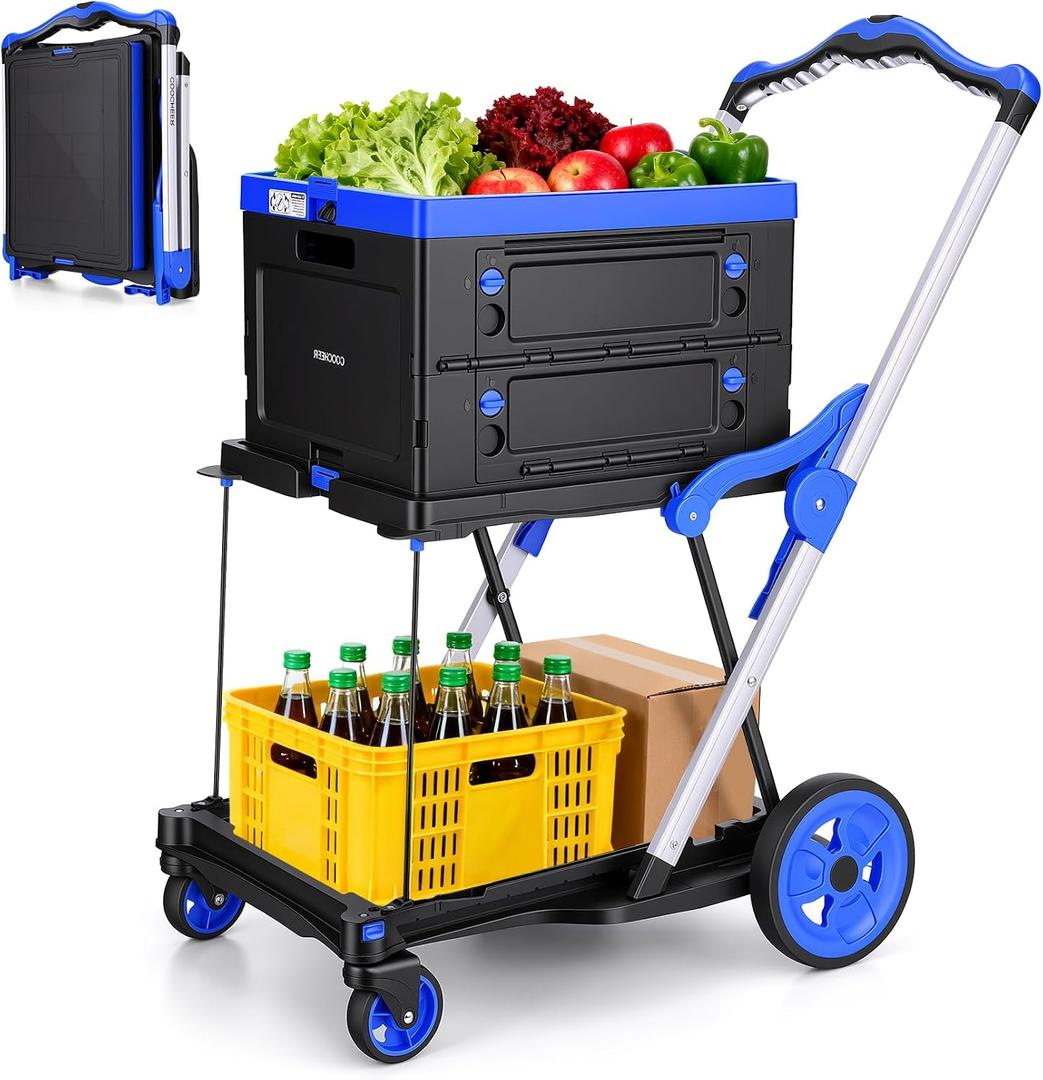 200lb Folding Hand Truck Shopping Cart, 360 Swivel Wheels with Brakes,Blue