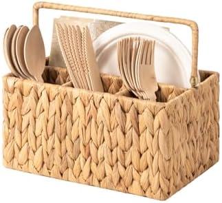 StorageWorks Hand-Woven Wicker Silverware Organizer - Water Hyacinth Cutlery Holder for Countertop with Handle (1-Pack)