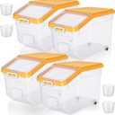 Sunnyray 4 Pcs Rice Storage Container 28 lb Airtight Flour Container with Wheels Measuring Cup Clear Pet Dog Birds Cat Food Bin Grain Cereal Organizer Box for Dry Baking Supplies(Yellow Lid)