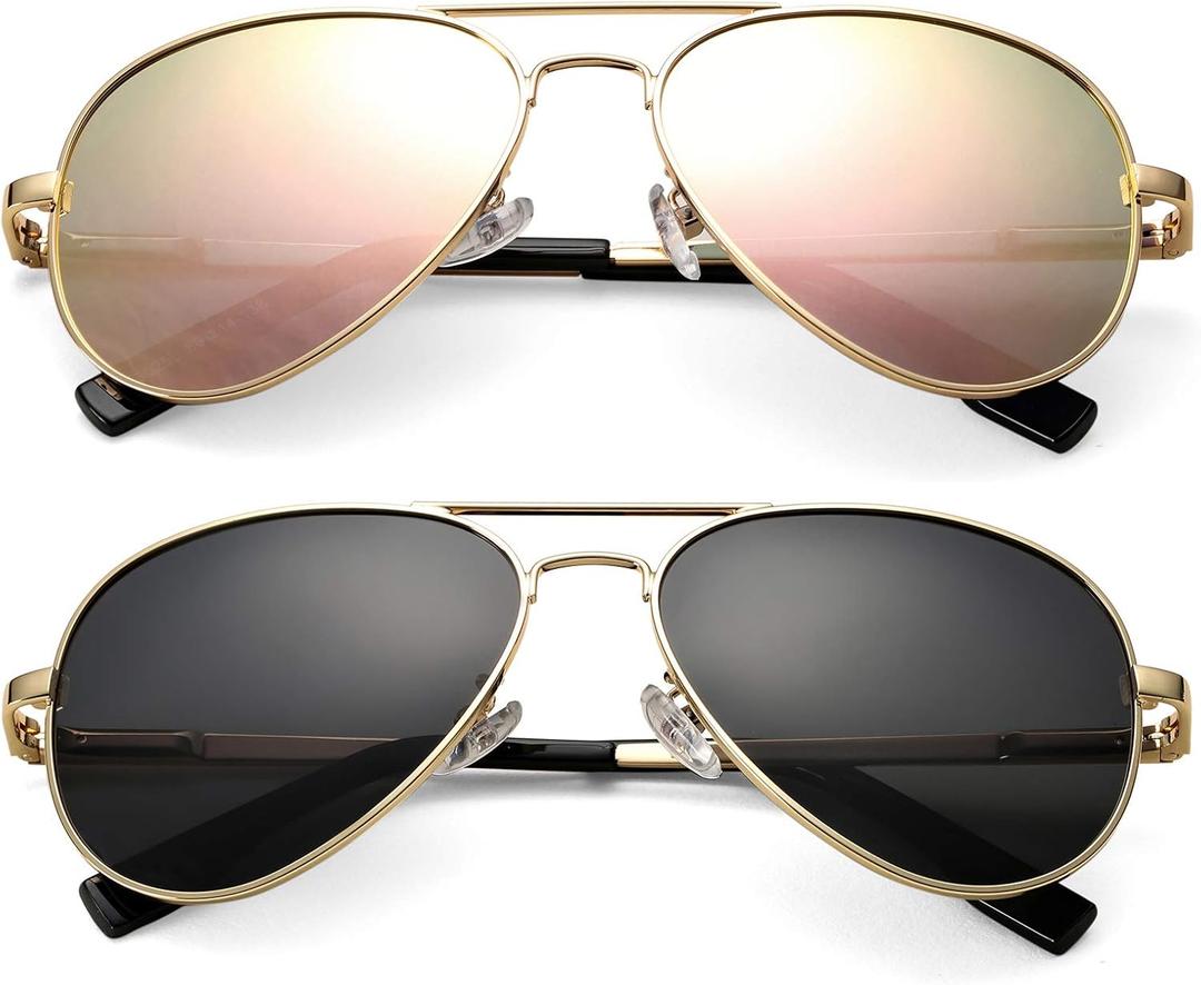 NULOOQ Extra Small Aviator Polarized Sunglasses for Small Face Women Men Juniors and Kids 52mm & 58mm (A5* (Gold/Black + Gold/Pink Mirrored) - 2 Pack)