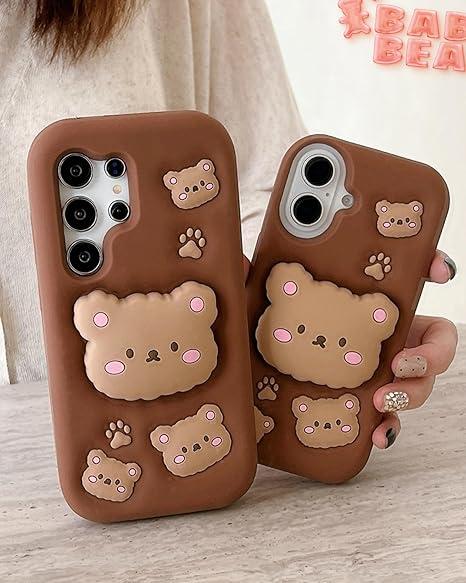 Kawaii 3D Teddy Bear Pop-Up Stand and Grip Phone Case for Samsung Galaxy S23 Ultra, Cute Cartoon Animal Phone Cover for Girls, Boys, Kids, Teens, and Womens