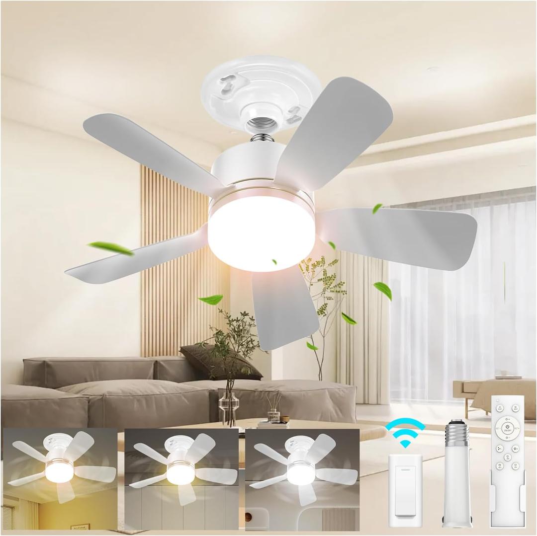 17.5" Socket Fan Light with Remote, 25W 1600 Lumens 3 Colors 3000-6000K Small Ceiling Fans with Lights 6 Speed Light Bulb Fan for Bedroom, Living Room, Kitchen, Garage