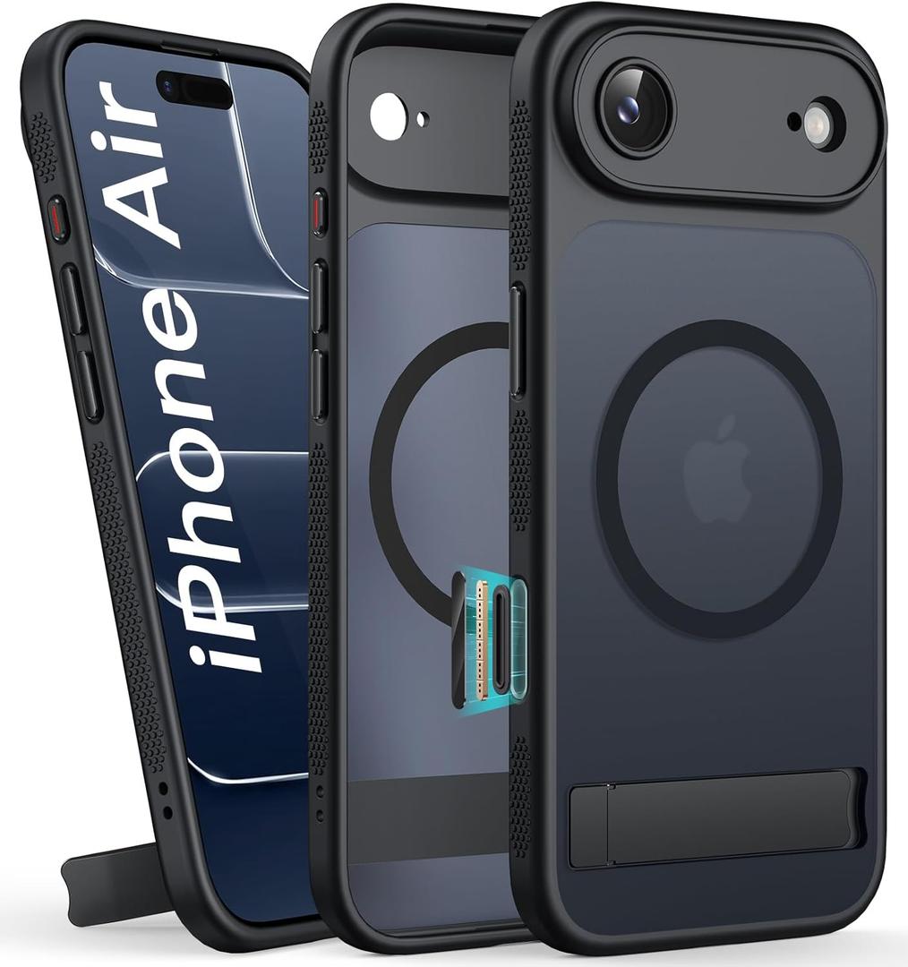 BXYJY for iPhone 17 Air Magnetic Case with Stand, Camera Control Button, Compatible with MagSafe, Full Lens Protection, Rugged Military Grade Drop, Hard Translucent Matte Slim Case for 17 Air, Black