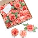 Ling's moment Artificial Flowers 25Pcs Deep Coral Roses Decor w/Stems,3" Real Touch DIY Foam Floral for Wedding Bouquet/Centerpieces, Outdoors Party Backdrop, Room/Table, and Garden/Pot Decorations (Pk- Coral & Peach Pearl)