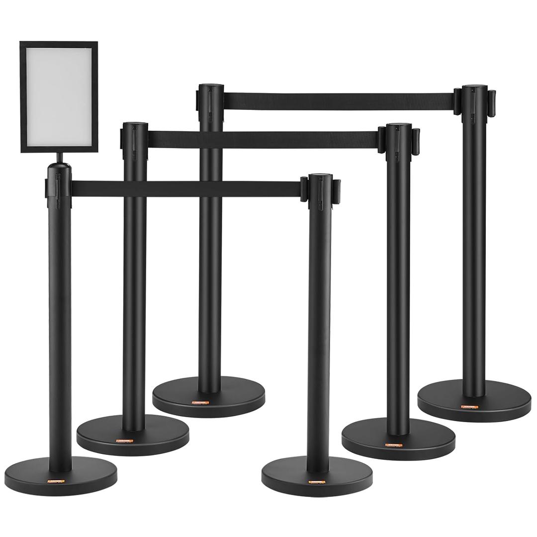 VEVOR Crowd Control Stanchions, 6-Pack Crowd Control Barriers, Carbon Steel Baking Painted Stanchion Queue Post with Sign Holder & 3PCS 6.5FT Retractable Belt, Belt Barrier Line Divider, Easy Assembly (Classic connector)