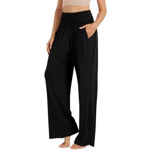 ODODOS Women's Wide Leg Palazzo Lounge Pants with Pockets Light Weight Loose Comfy Casual Pajama Pants-26/28/30"/32" Inseam (Black, S)