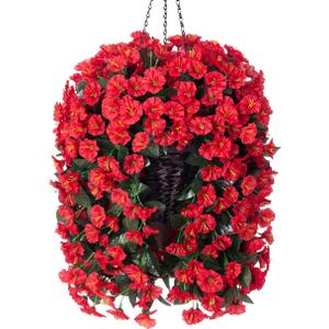 HyeFlora Artificial Fake Red Hanging Flowers Plants Baskets for Outdoor Winter Christmas, Faux Silk UV Resistant Look Real Morning Glory Vines for Outside Porch Patio Balcony Garden Yard Home Decor