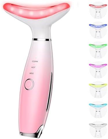 7 Color Galvanic Machines - Red Light Therapy for Face and Neck, Face Massager Tool for Wrinkles, Double Chin, Vibrating Facial Massager with Thermals, Pink