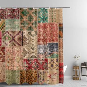 Moroccan Decor Shower Curtain Set, Patchwork Pattern with Different Colorful Art Theme Bathroom Accessories Shower Curtains, 71x72inches, Red Brown, YLXTGU23