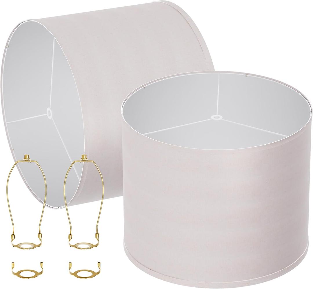 White lamp shades,linen lamp shade,lampshades set of 2 with 2 lamp shade harp,drum lamp shades for table lamps,15" Top X 15" Bottom X 12" H,Spider Fitter, Easy Assembly Required (Beige)