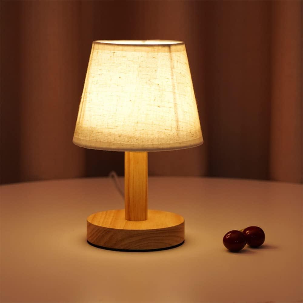 Small Bedside Table Lamp, Wooden Bedroom Lamp with Linen Shade, Mini Desk Night Light for Bedroom, Living Room, Kids Room