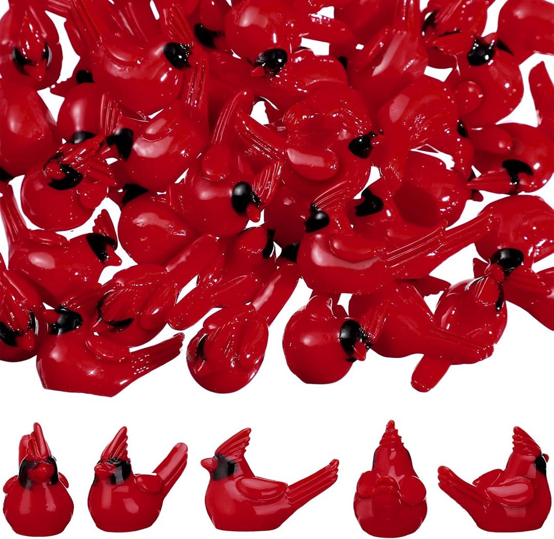 50 Pcs Christmas Mini Resin Red Cardinal Bird Figurines Tiny Cardinal Figurine Decor Small Christmas Ornaments for Gift Xmas Miniature Garden Crafts Cake Topper Decoration