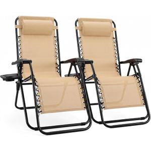 Sweetcrispy Zero Gravity Chairs, Set of 2 Portable Recliner Beach Camping Patio Outdoor Folding Lounge Chair with Cup Holder Trays and Adjustable Pillow for Poolside, Garden, Backyard, Lawn, Khaki