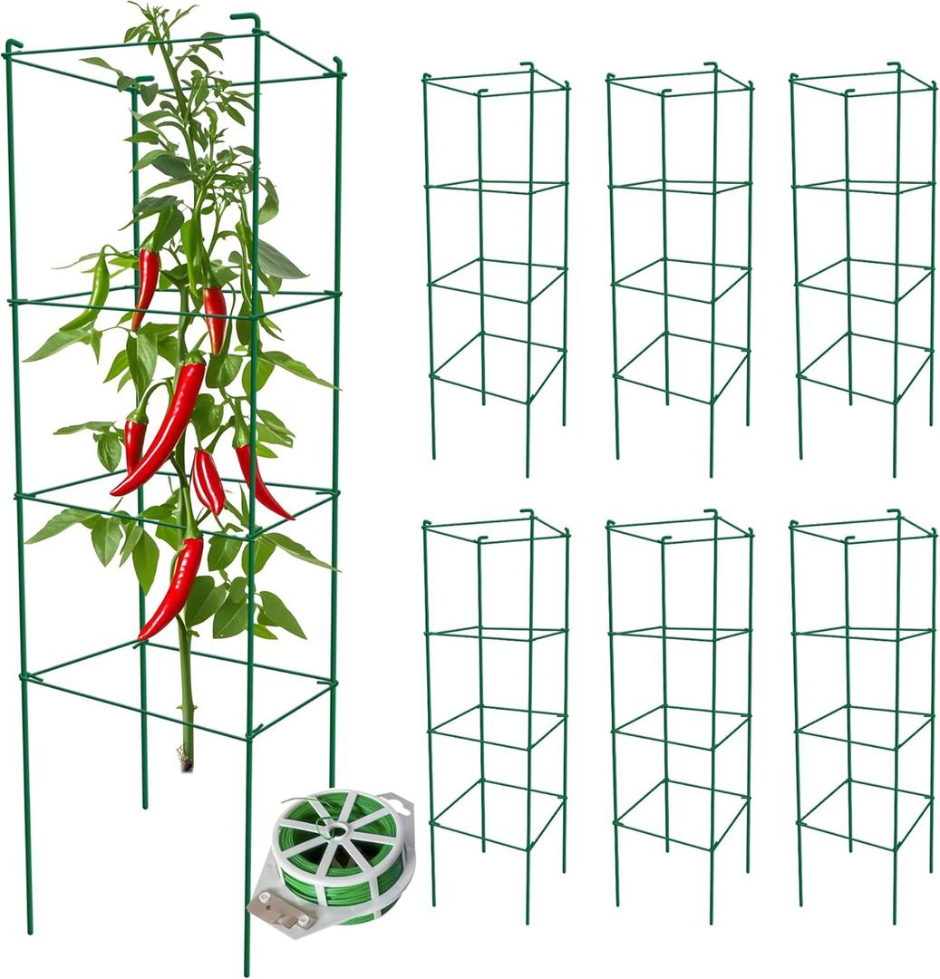 Thealyn Tomato Cages 6 Packs 46 Inches (H) Plant Stand with 164 Feet Twist Ties, Heavy Duty Garden Plants Support for Tomatoes, Cucumber, and Other Climbing Plants (Green)