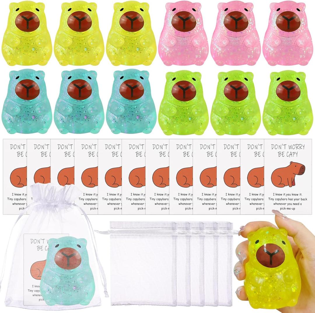 36 Sets Sensory Fidget Stress Relief Glitter Capybara Squeeze Capybara Stress Ball Cute Malt Sugar Filled Capybara with Be Capy Inspirational Cards Organza Bags for Adults Soothing Birthday Gift