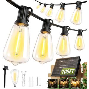 100FT Solar String Lights Outdoor Waterproof with Remote & Timer, LED Shatterproof ST38 Bulbs, USB & Solar Powered Patio Lights for Backyard, Porch, Garden, Wedding Decor, Dusk to Dawn Lighting