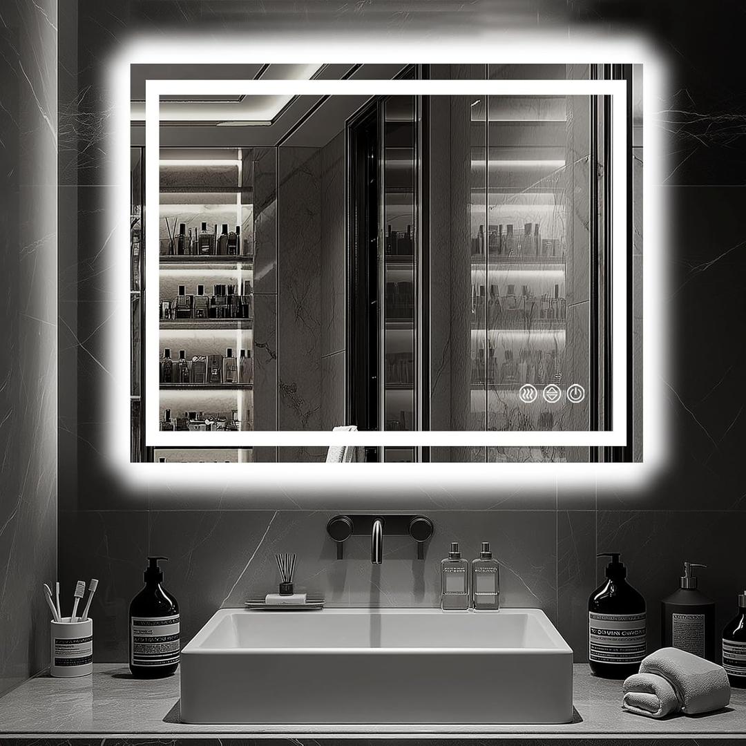 LED Bathroom Mirror, 40"x32" with Frontlit and Backlit Anti-Fog Mirror with Lights LED Vanity Mirror for Bathroom 3 Colors Temperature & Dimmable Bathroom Mirror with HD Tempered Glass